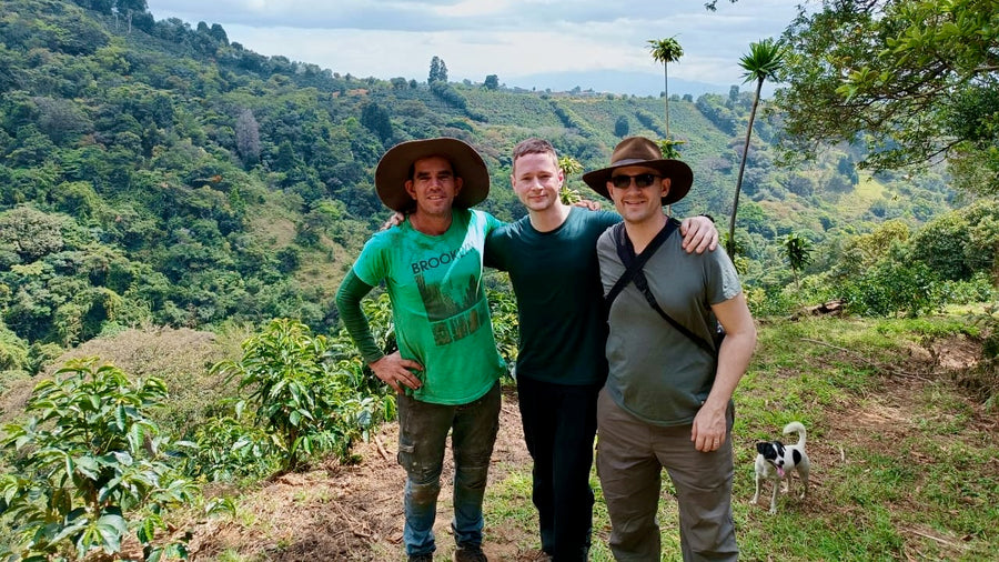 Allan Oviedo of Don Joel, Ozone Head of eCommerce Chris Price, and Ozone Green Buyer Roland Glew, on Finca Carmela in Costa Rica