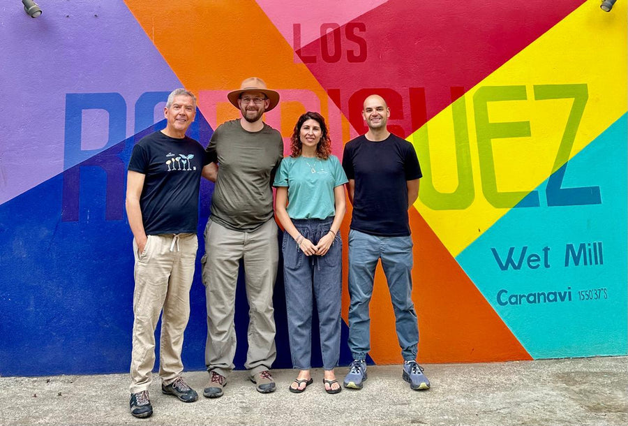 Pedro Rodriguez, Ozone Green Buyer Roland Glew, Daniela Rodriguez, and Pedro Pablo Rodriguez at Agricafe's Buena Vista mill in Caranavi, Bolivia