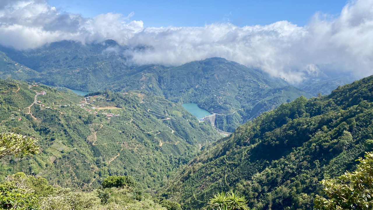 The view of the Pirrís Hydroelectric Dam from La Ladera farm in Leon Cortes, Costa Rica.