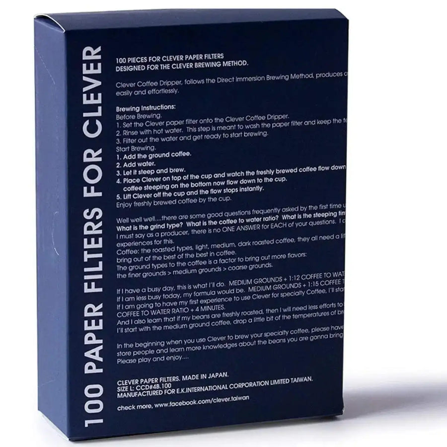 A blue box containing 100 Clever Dripper filter papers.