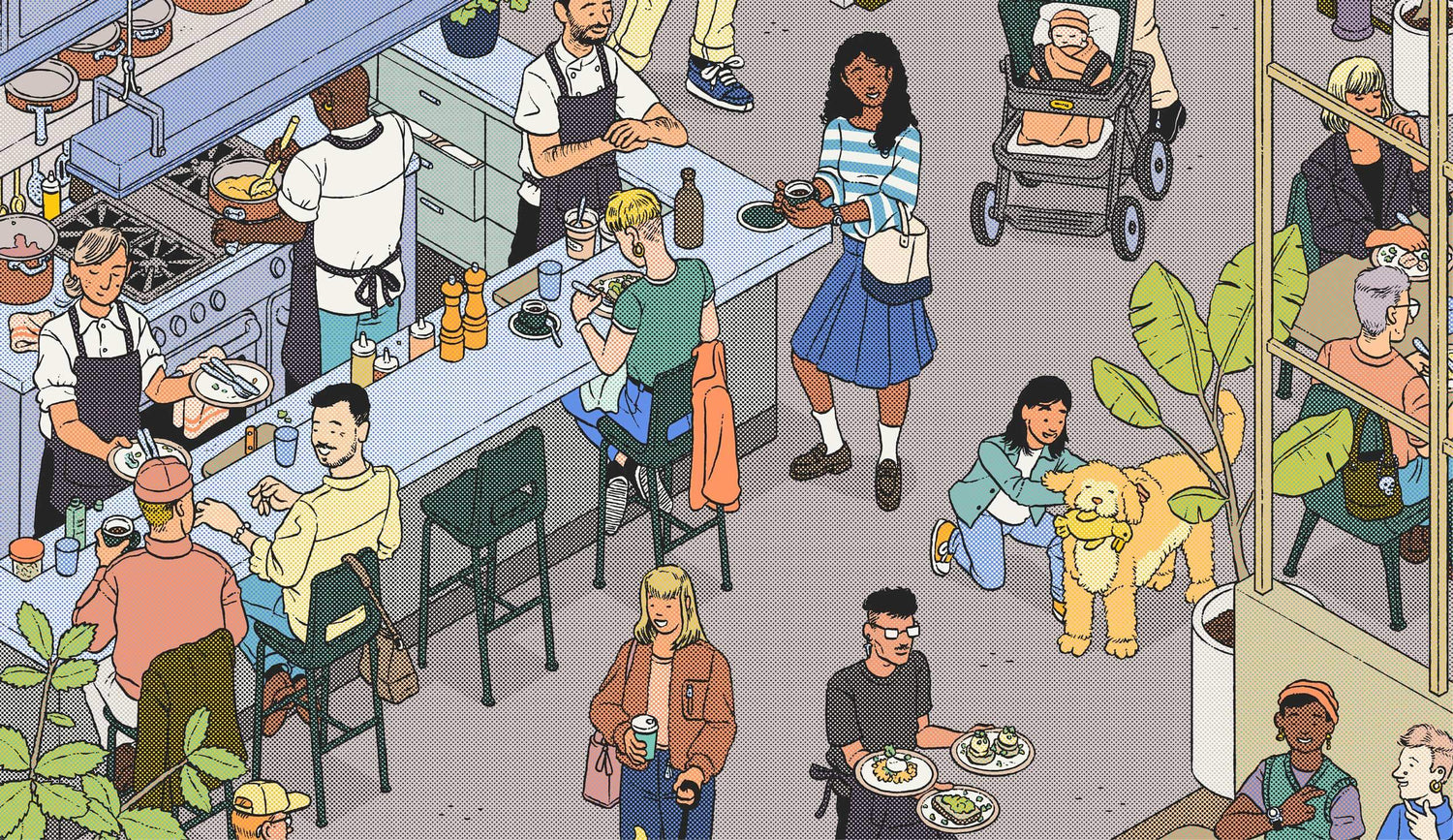 Illustration by Ilya Milstein of Ozone Coffee Roasters eatery – lively café scene with staff, diners, a dog, and a stroller.