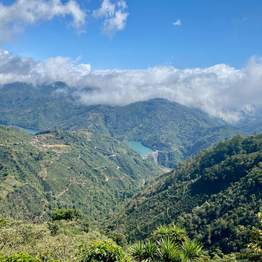 The view of the Pirrís Hydroelectric Dam from La Ladera farm in Leon Cortes, Costa Rica.