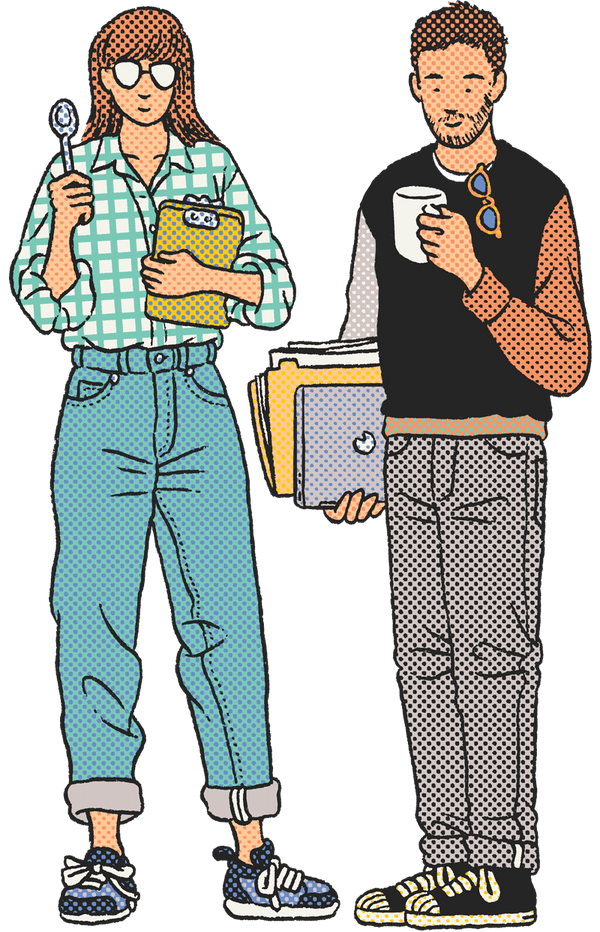 An illustration by Ilya Milstein of an Ozone coffee roaster with a cupping spoon and an eCommerce employee with a cup of coffee stand together.