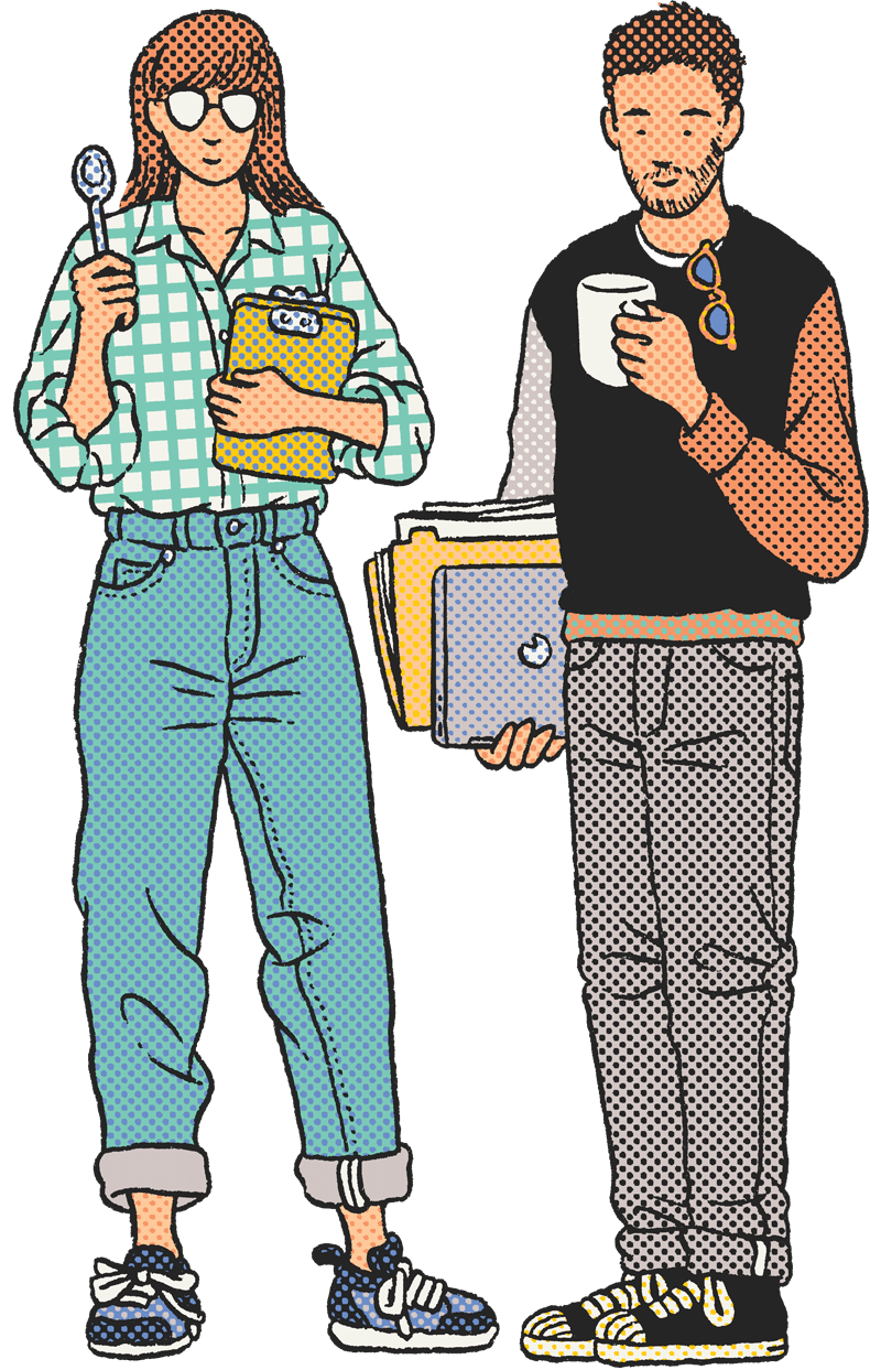 An illustration by Ilya Milstein of an Ozone coffee roaster with a cupping spoon and an eCommerce employee with a cup of coffee stand together.