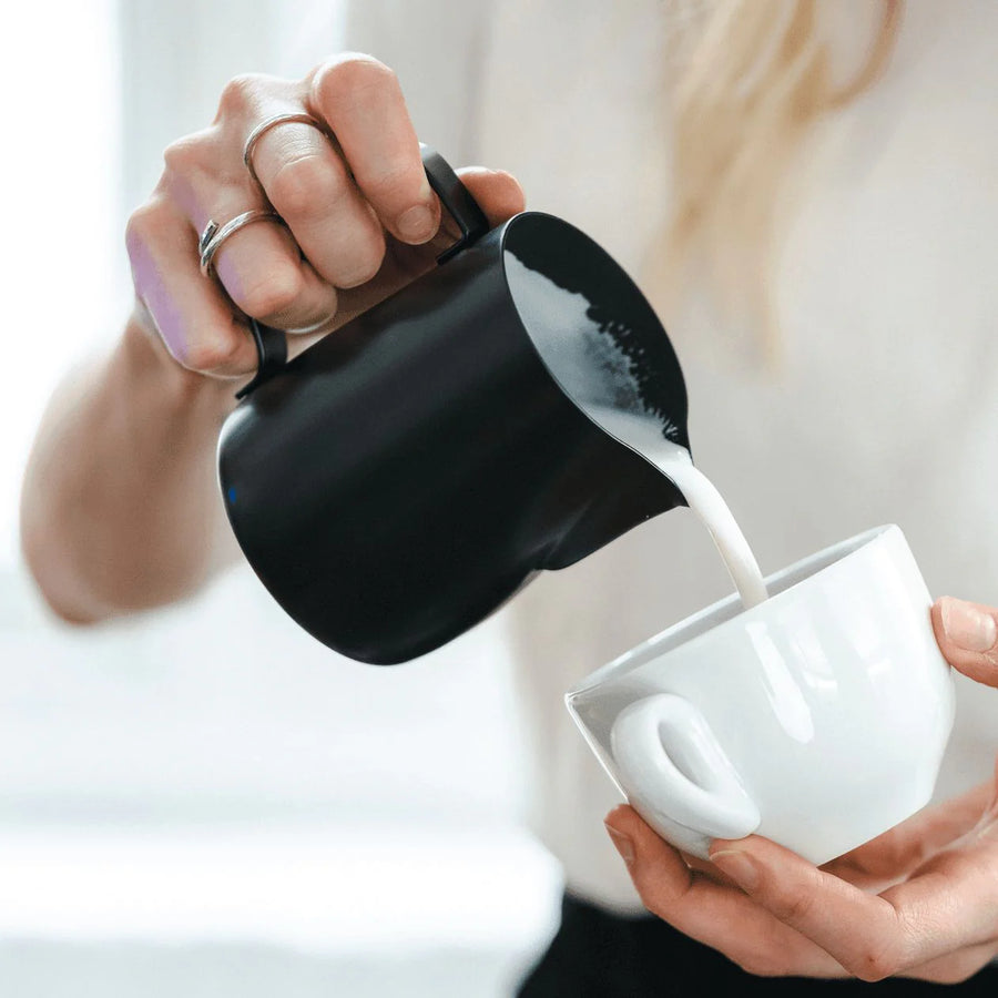 Rhino Stealth Black Milk Pitcher - High-quality stainless steel milk pitcher for professional baristas from Ozone Coffee