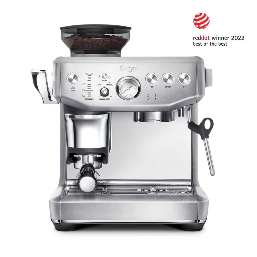 Sage Barista Express™ Impress SES876 Home Espresso Machine with a Red Dot Award logo on a white background
