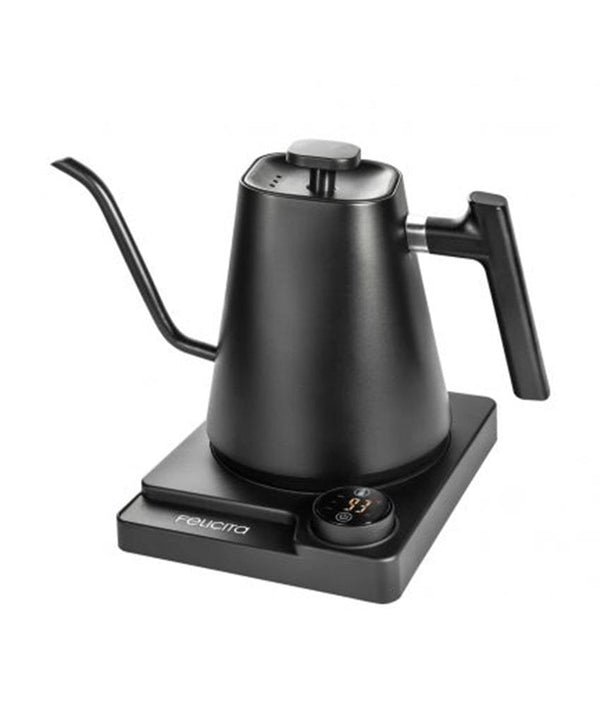A black square-shaped electric kettle with a stainless steel spout and a control button, placed on a matt black stand.