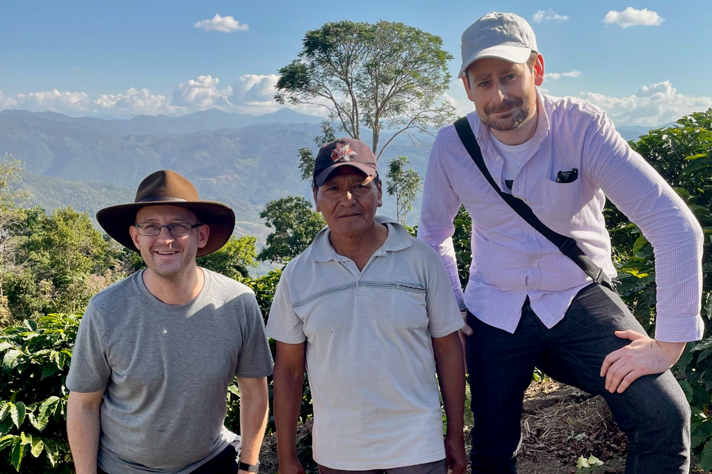 Ozone Green Buyer Roland Glew, Pedro Flores, and Ozone Head Roaster Gary Whiteley on Pedro's farm Villa Rosario, in Caranavi, Bolivia