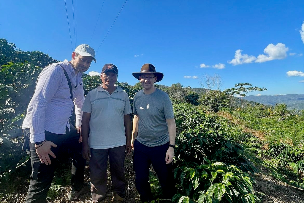 Ozone Head Roaster Gary Whiteley, Pedro Flores, and Ozone Green Buyer Roland Glew on Pedro's farm Villa Rosario, in Caranavi, Bolivia