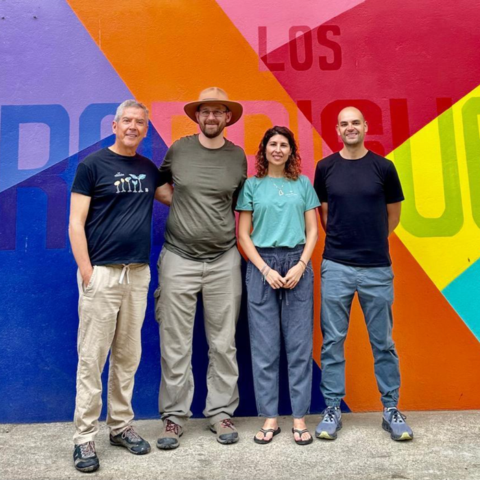 Pedro Rodriguez, Ozone Green Buyer Roland Glew, Daniela Rodriguez and her husband Paulo at the Los Rodriguez mill in Caranavi, Bolivia