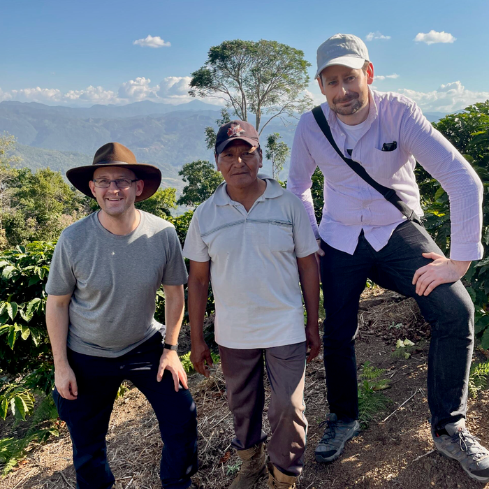 Ozone Green Buyer Roland Glew, Pedro Flores, and Ozone Head Roaster Gary Whiteley on Pedro's farm Villa Rosario, in Caranavi, Bolivia