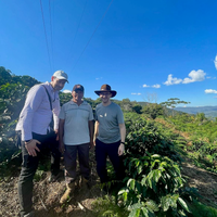 Ozone Head Roaster Gary Whiteley, Pedro Flores, and Ozone Green Buyer Roland Glew on Pedro's farm Villa Rosario, in Caranavi, Bolivia