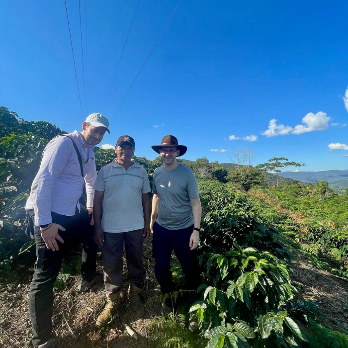 Ozone Head Roaster Gary Whiteley, Pedro Flores, and Ozone Green Buyer Roland Glew on Pedro's farm Villa Rosario, in Caranavi, Bolivia