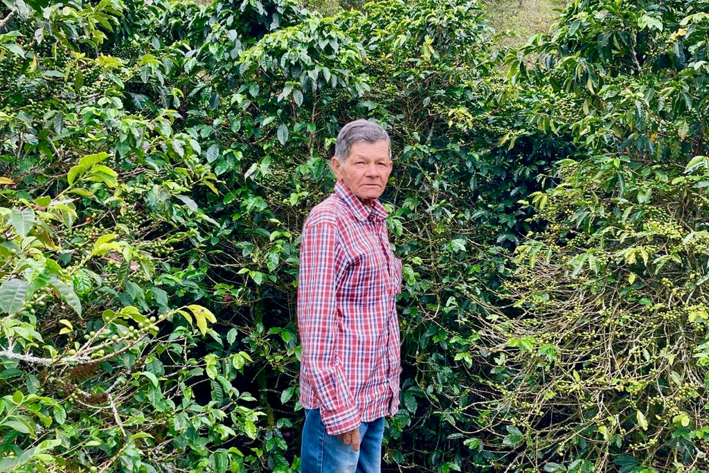 Don Gabriel Cortes at his farm, El Tractor, in Antioquia, Colombia with his Red Bourbon coffee