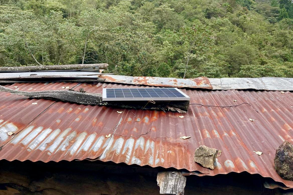 The solar panel Ozone Coffee paid for to be installed at the home of Don Gabriel Cortes allowing him to have electricity in his home for the first time in over 15 years.