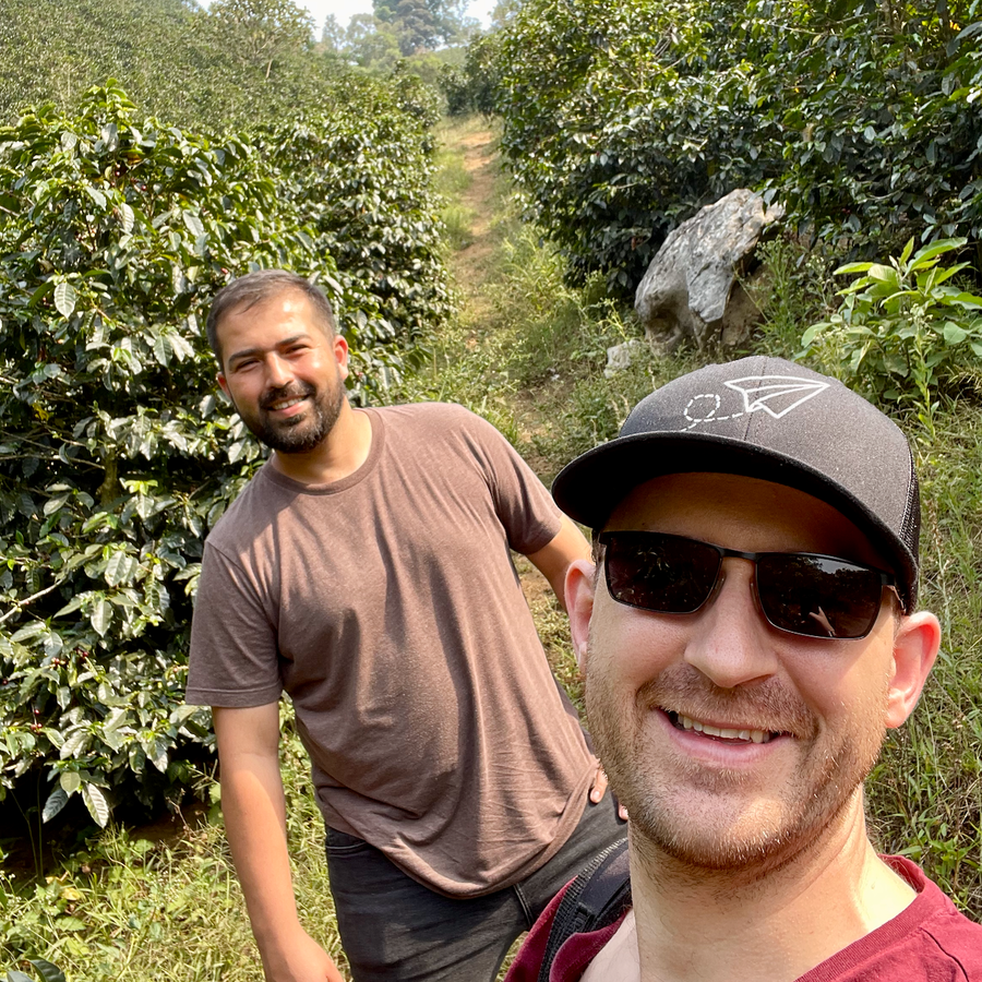 Ozone Green Buyer Roland Glew and Benjamin Paz at his farm La Orquidea in Santa Bárbara, Honduras