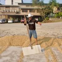 A mill worker takes a break to smile for the camera at Beneficio San Vincente in Pena Blanca, Honduras