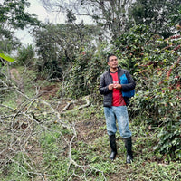 Einer Saldivar with his coffee trees at El Cedro in Jaen, Peru