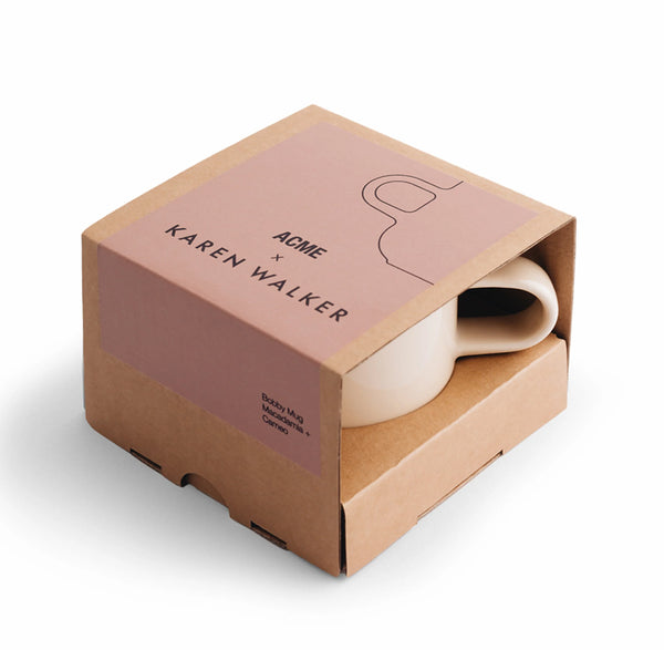 Acme x Karen Walker Bobby Mug: A close-up view of the stylish 300ml porcelain mug, showcasing its unique design collaboration, displayed on a white surface.