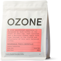 Packaging of Ozone freshly roasted specialty coffee, with the text 'Nicaragua: Limoncillo, Ethiosar, Honey' indicating the coffee variety and processing system. The bag is white with a label and additional text.