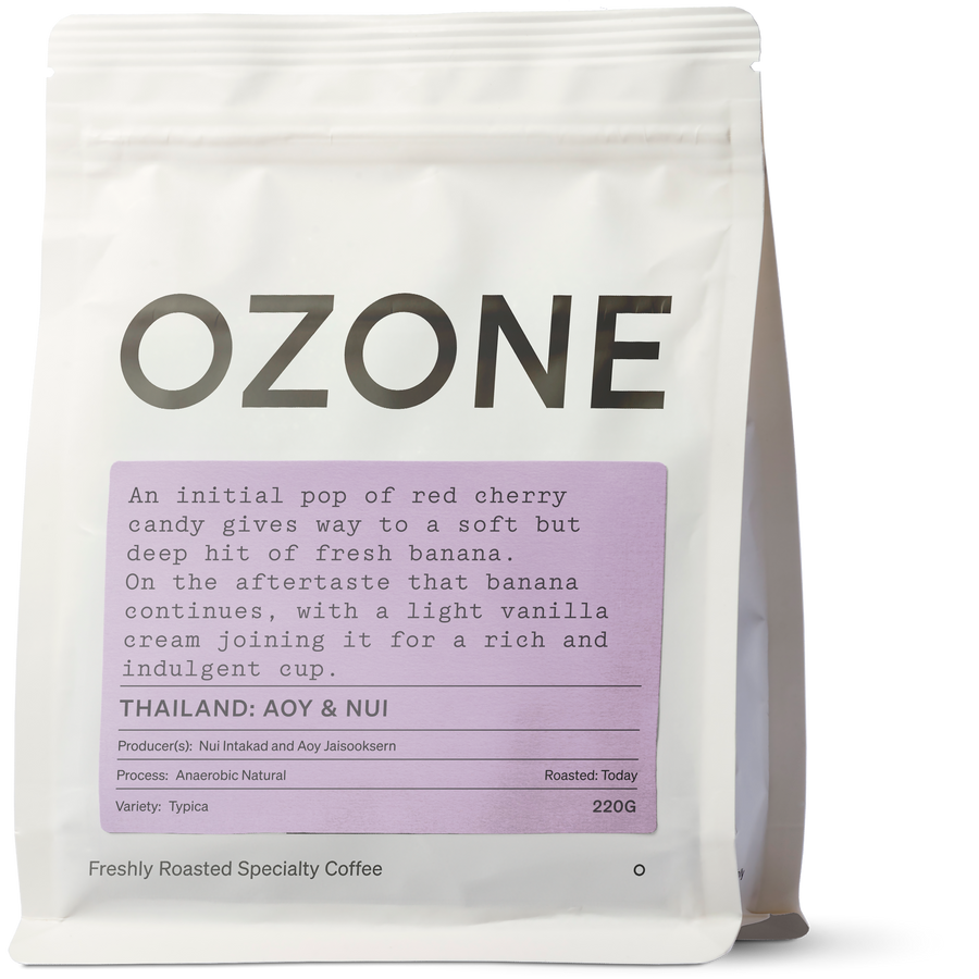 Ozone coffee bag with coffee description on a white background - Thailand: Aoy & Nui, Typica, Anaerobic Natural
