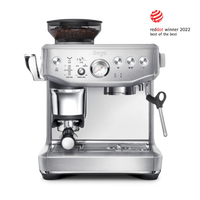 Sage Barista Express™ Impress SES876 Home Espresso Machine with a Red Dot Award logo on a white background