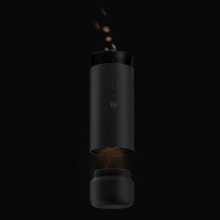 Timemore Whirly 01S Portable Electric Coffee Grinder showing the grinding journey from beans to ground