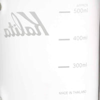 Kalita Jug Glass Server - Jug 500 (500ml) detail shot of 300ml 400ml and 500ml etchings on glass as well as Kalita logo and MADE IN THAILAND text