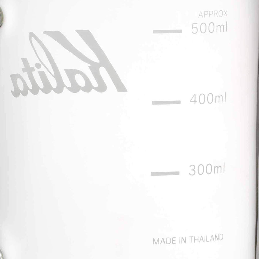 Kalita Jug Glass Server - Jug 500 (500ml) detail shot of 300ml 400ml and 500ml etchings on glass as well as Kalita logo and MADE IN THAILAND text