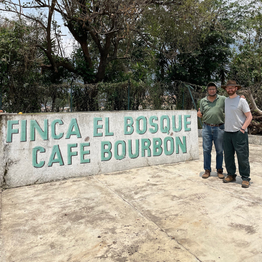 Francisco Flores and Ozone Green Buyer Roland Glew at Finca El Bosque in Amatitlán, Guatemala