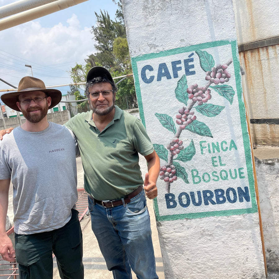 Hasbean Green Buyer Roland Glew and Francisco Flores at El Bosque in Amatitlán, Guatemala