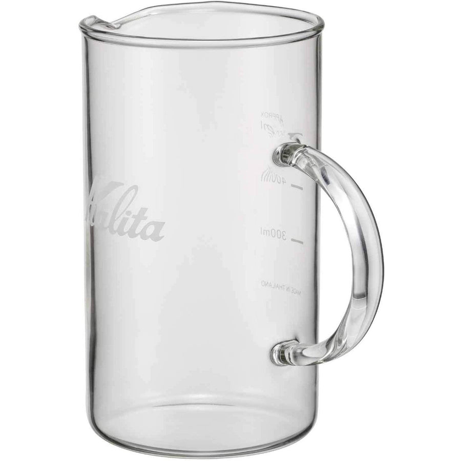 Kalita Jug Glass Server - Jug 500 (500ml) side view of server showing handle and etched Kalita logo on glass with spout facing away